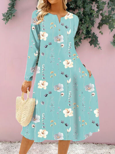 Floral Notched Long Sleeve Midi Dress