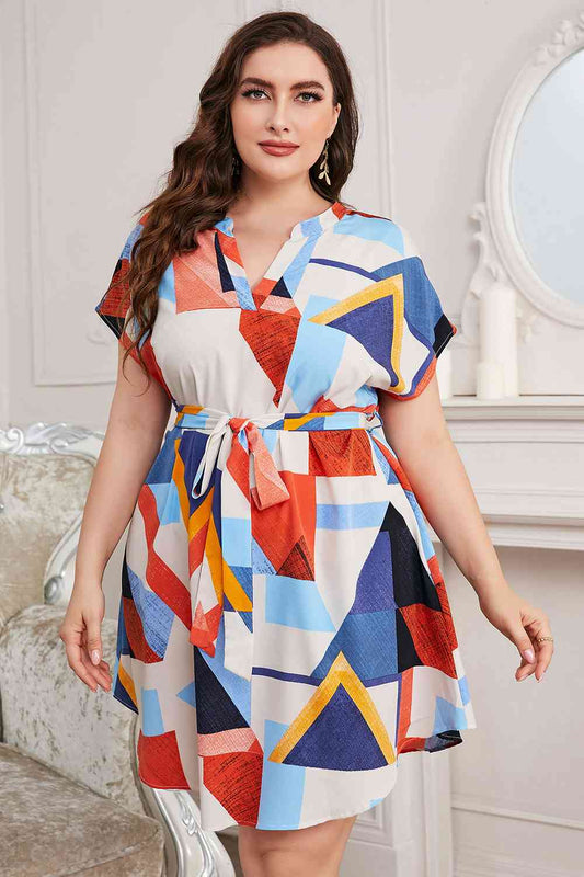 Plus Size Notched Necktie Waist Dress