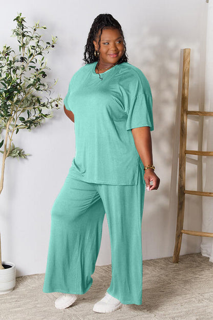 Double Take Round Neck Slit Top and Pants Set