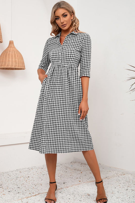 Plaid Collared Neck Midi Dress