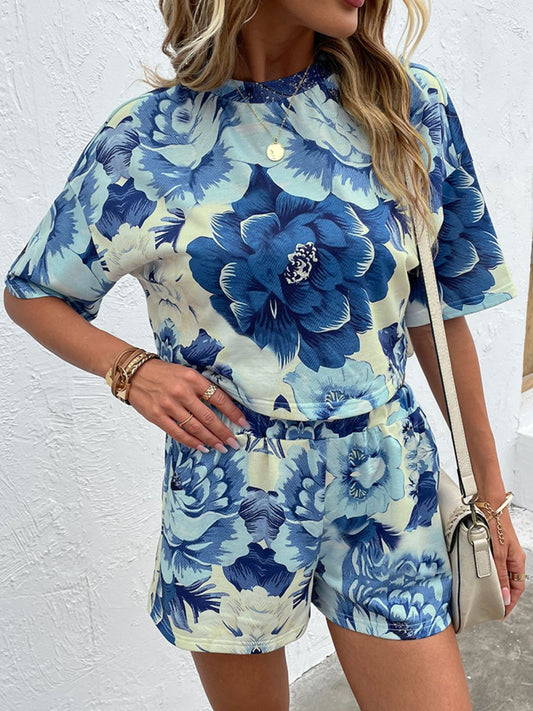 Blue Flower Print Top and Shorts Set
