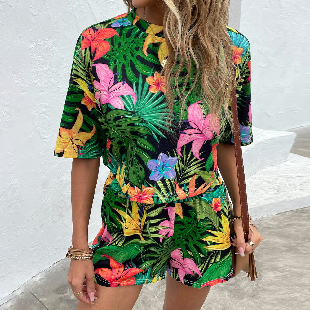 Tropical Print Dropped Shoulder Top and Shorts Set