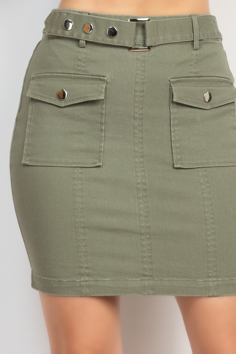 Light Olive Belted Pocket Solid Mini Skirt
