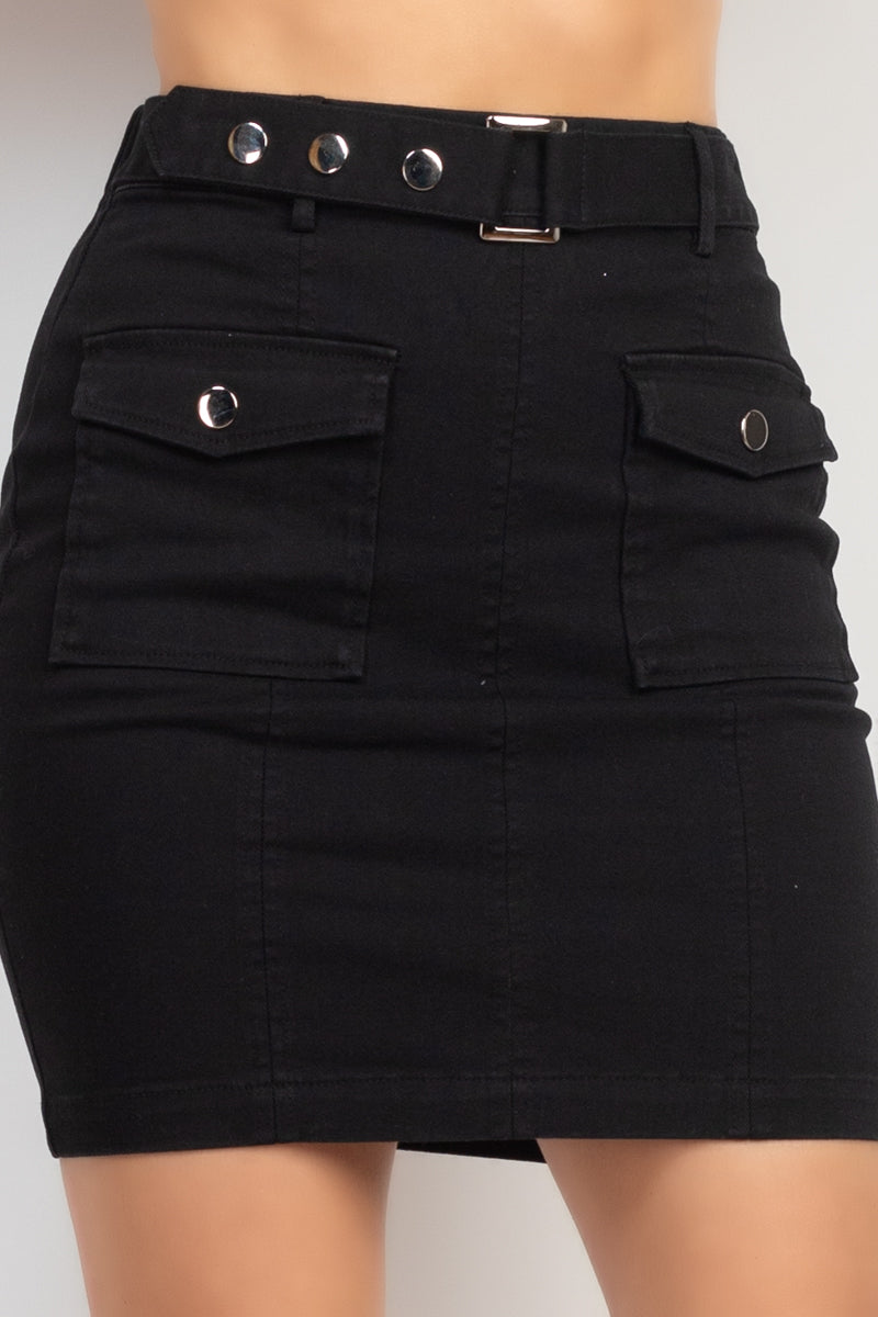 Black Belted Pocket Solid Mini Skirt