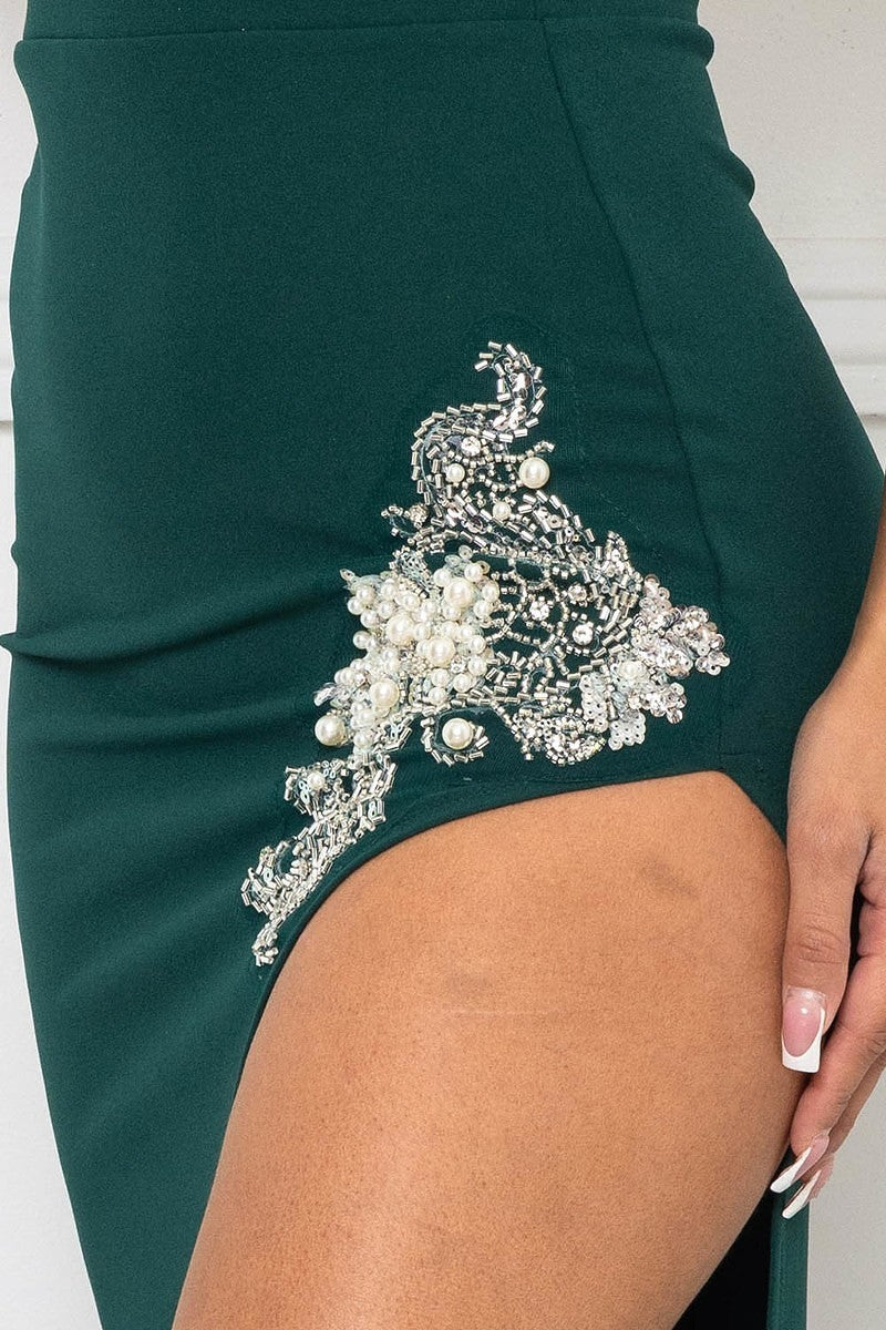 Beaded Embroidered Detail Hunter Green Maxi Dress