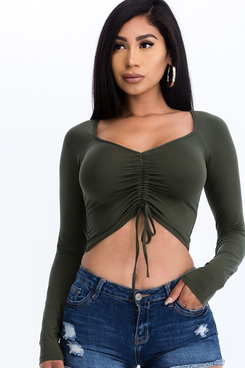 Olive Ruched Drawstring Long Sleeve Crop Top