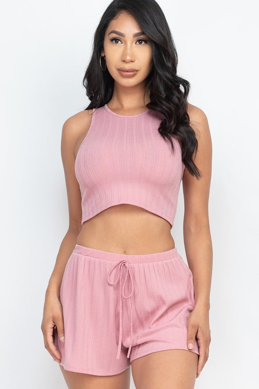 Mauve Soft Rib Crop Tank Top & Shorts Set