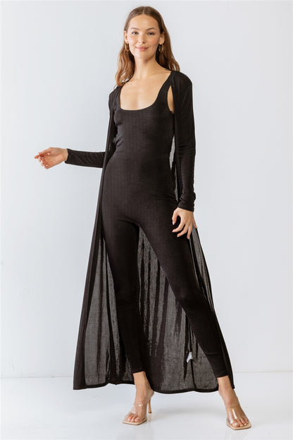 Black Slim Fit Jumpsuit & Open Front Long Sleeve Cardigan Set