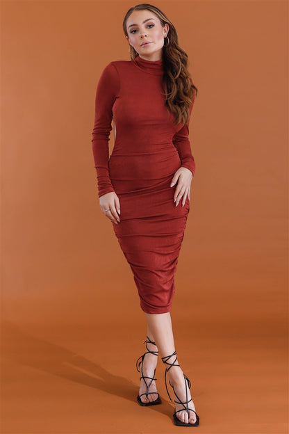 Brick Satin Effect Ruched Turtle Neck Open Back Midi Women's Dress