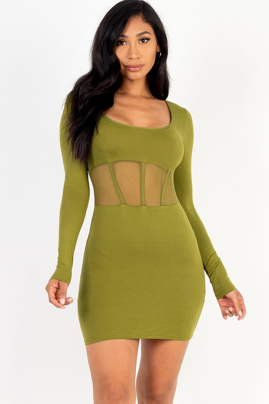 Square Neck Mesh Corset Olive Branch Mini Dress