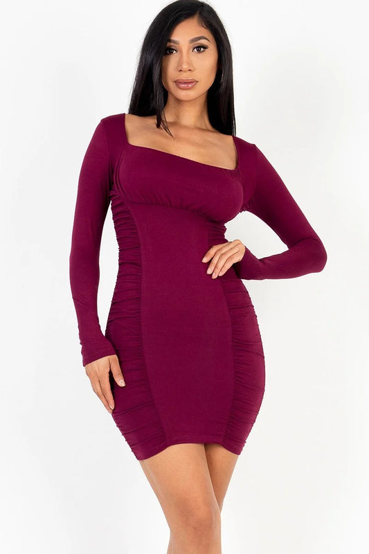 U-neck Ruched Bodycon Burgundy Mini Dress