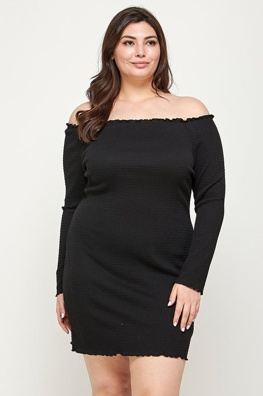 Black Plus Size Solid Smocked Off Shoulder Dress