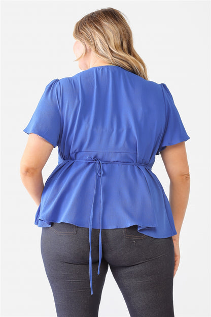 Plus Size Women's Royal Blue Tie Detail Flare Top