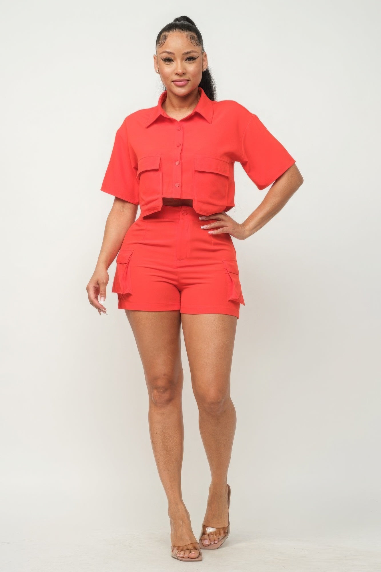 Front Button and Pockets Top and Shorts Set