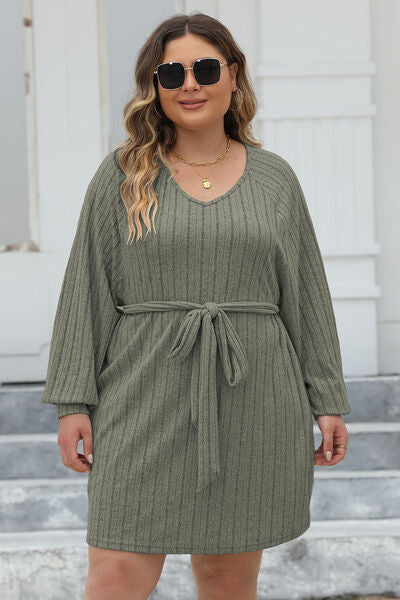 Plus Size Ribbed Tie Front Sweater Dress