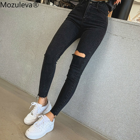 Sexy High Waist Tassel Ripped Holes Denim Pants