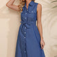 Button Front Belted Sleeveless Collared Shirt Dress