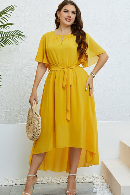 Belted Flutter Sleeve High-Low Dress for Chic Style