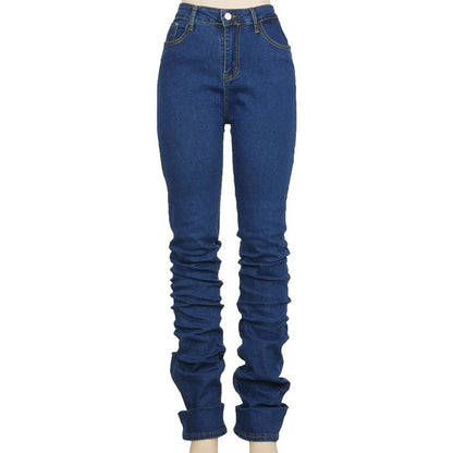 Simenual Ruched Denim Blue High Wait Stacked Pants