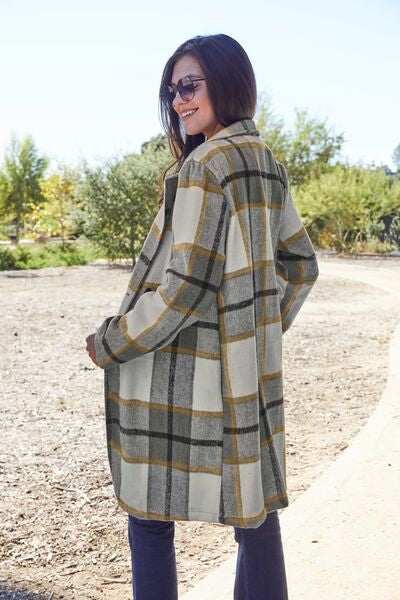 Double Take Plaid Button Up Lapel Collar Coat