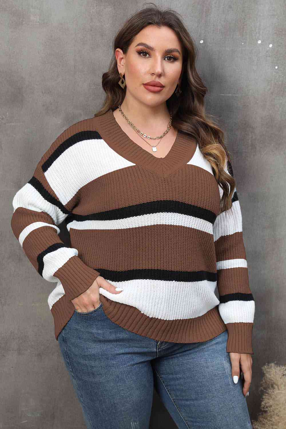 Striped V-Neck Dropped Shoulder Sweater