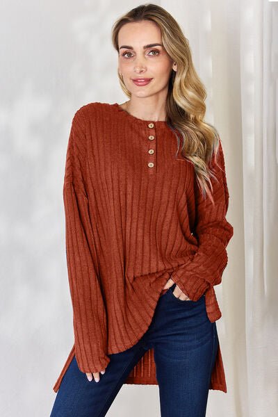 Basic Bae Ribbed Half Button High - Low T-Shirt - Rochelle's House LLC