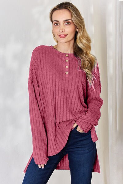 Basic Bae Ribbed Half Button High - Low T-Shirt - Rochelle's House LLC