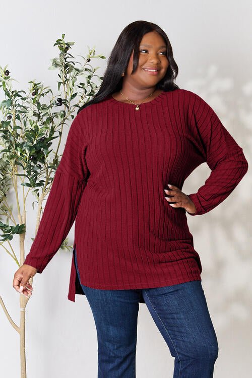 Basic Bae Ribbed Round Neck Long Sleeve Slit Top - Rochelle's House LLC