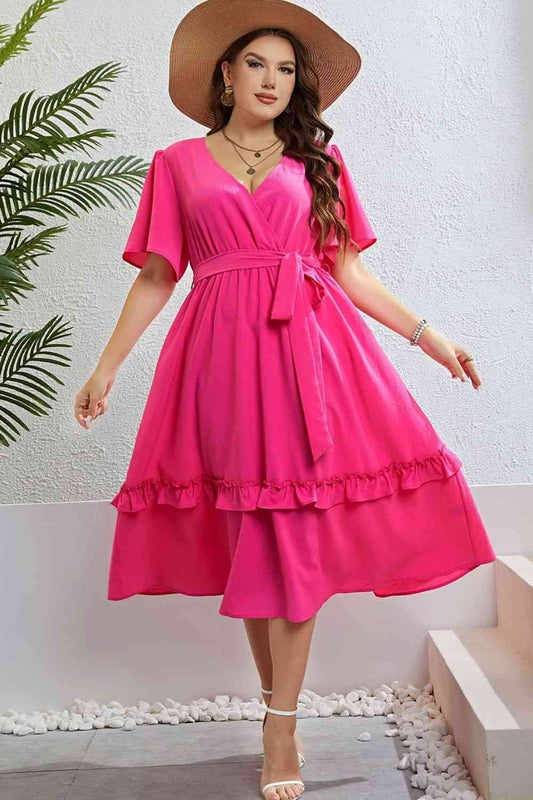 Belted Frill Trim Flutter Sleeve Dress - Rochelle's House LLC