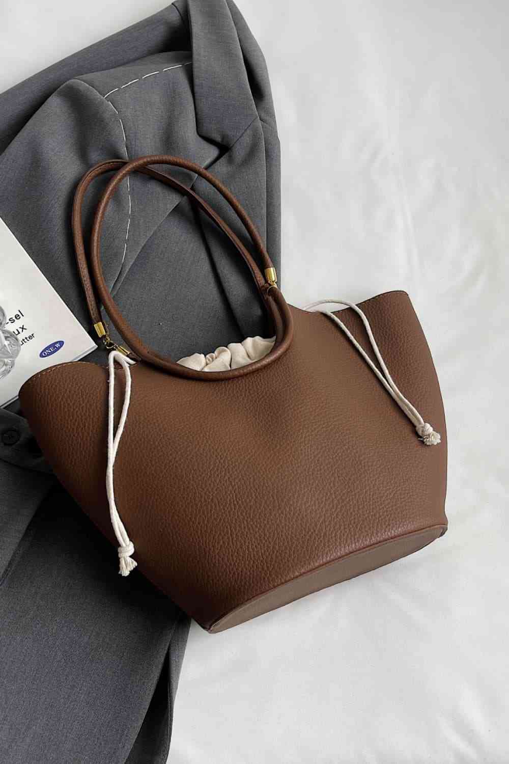 Coffee Brown PU Leather Drawstring Handbag