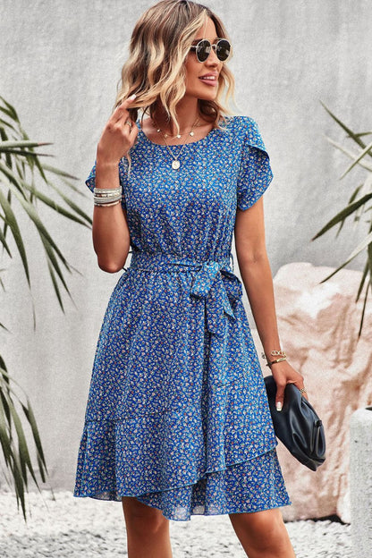 Floral Elegance - Belted Round Neck Petal Sleeve Mini Dress for Chic Occasions Cobalt Blue Front