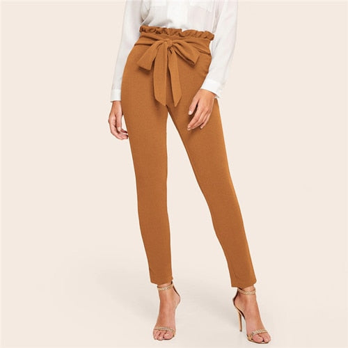Frill Trim Bow Belted Detail Solid High Waist Pants