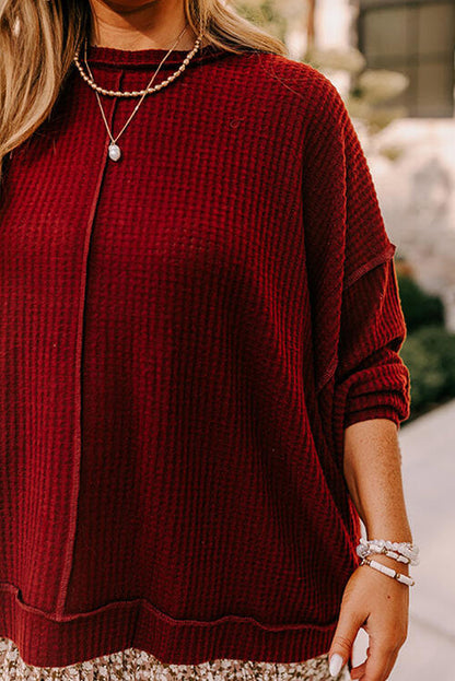 Exposed Seam Waffle-Knit High-Low Sweatshirt