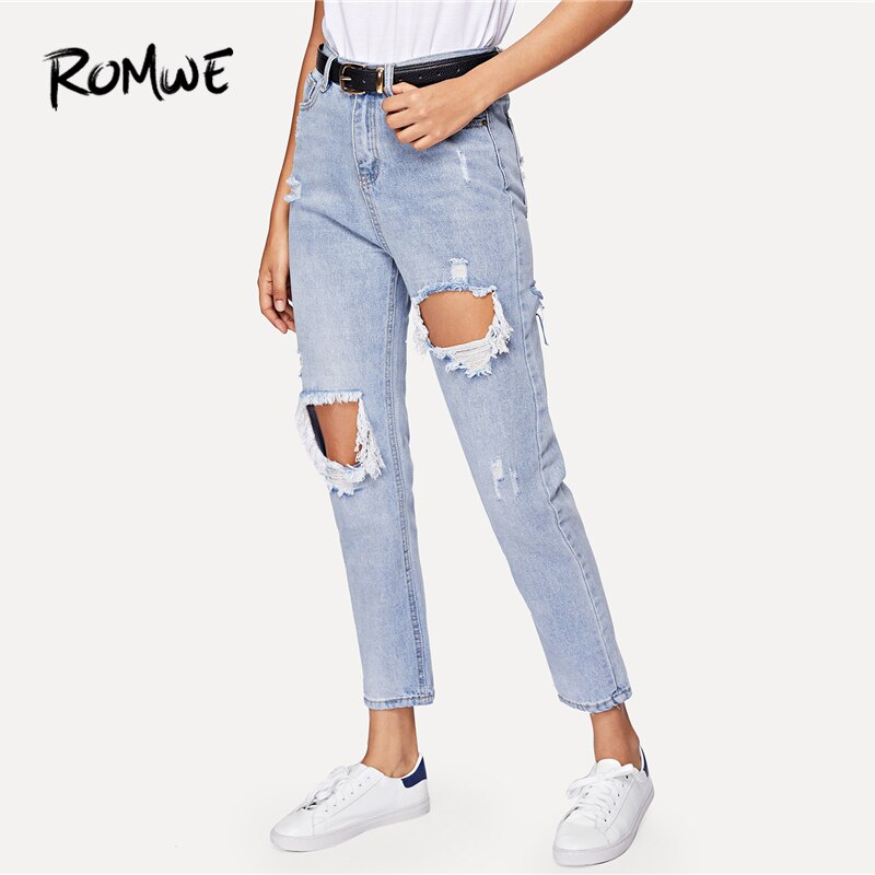 ROMWE Women Cut Out Ripped Jeans, Blue Denim Trousers