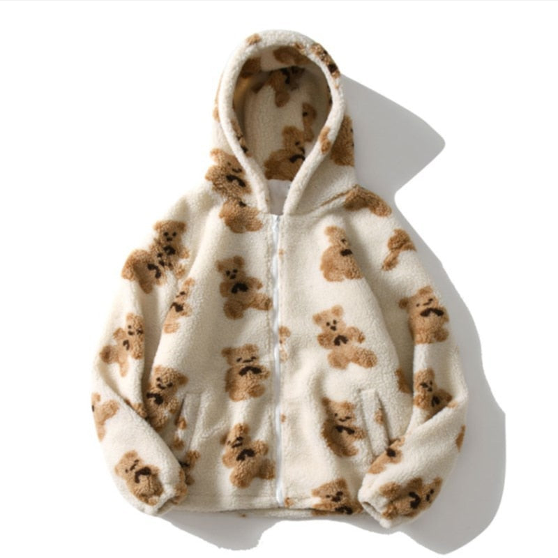 Fleece Hooded Bear Print Jacket