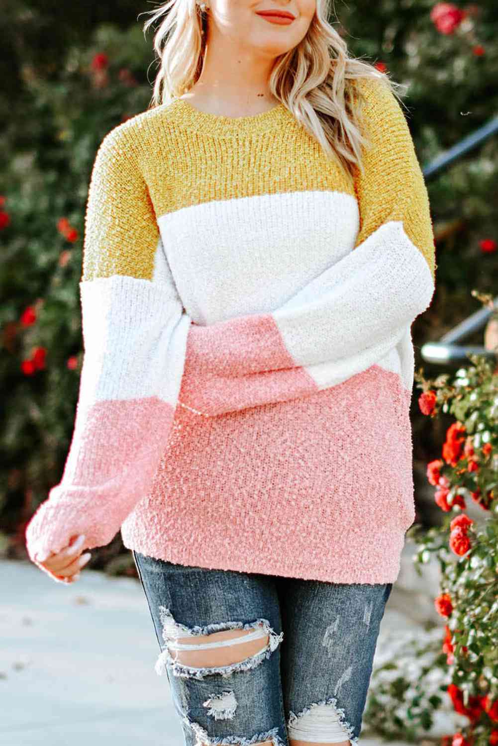 Plus Size Color Block Round Neck Sweater