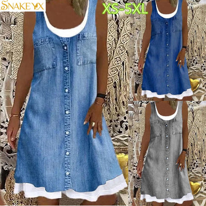 Denim Printed Two-piece Sleeveless Casual