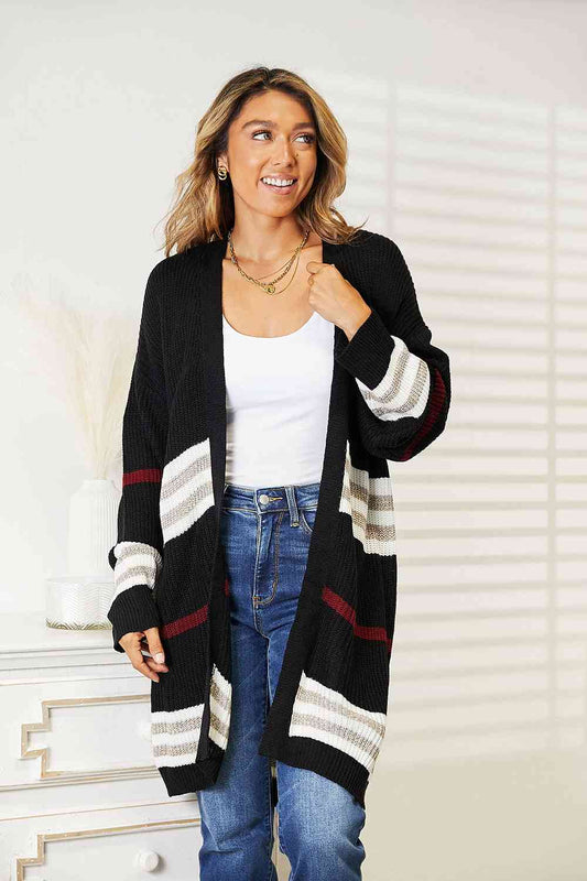 Effortlessly Chic - Black Double Take Striped Rib-Knit Cardigan, Perfect for Cozy Seasons Front Side