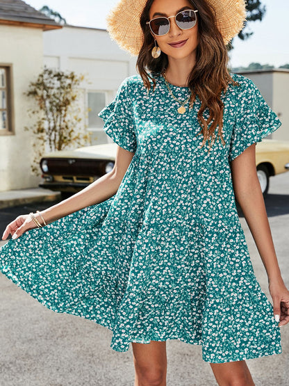 Leopard Short Flounce Sleeve Tiered Casual Dress