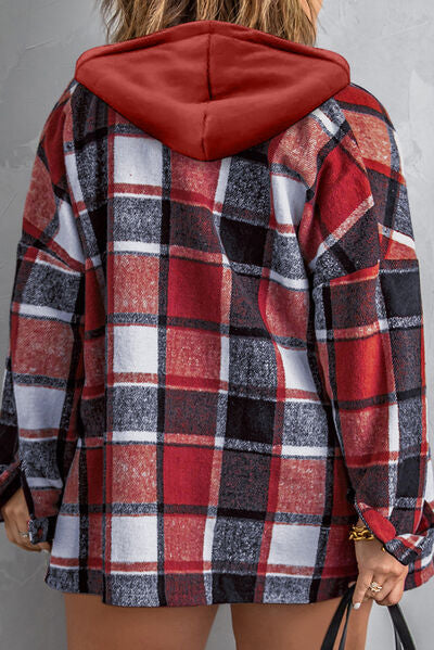 Plaid Plus Size Plaid Button Up Hooded Jacket