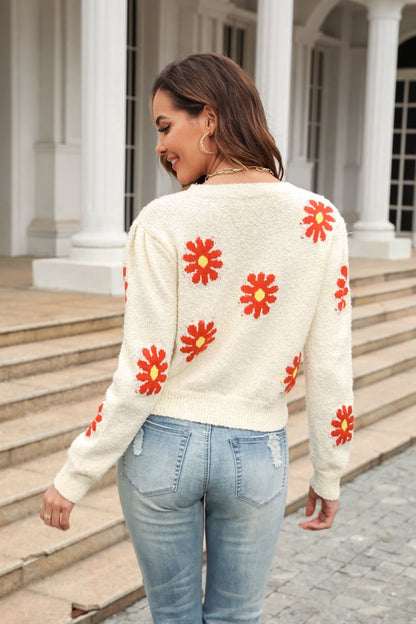 Flower Pattern Short Sleeve Pullover Sweater