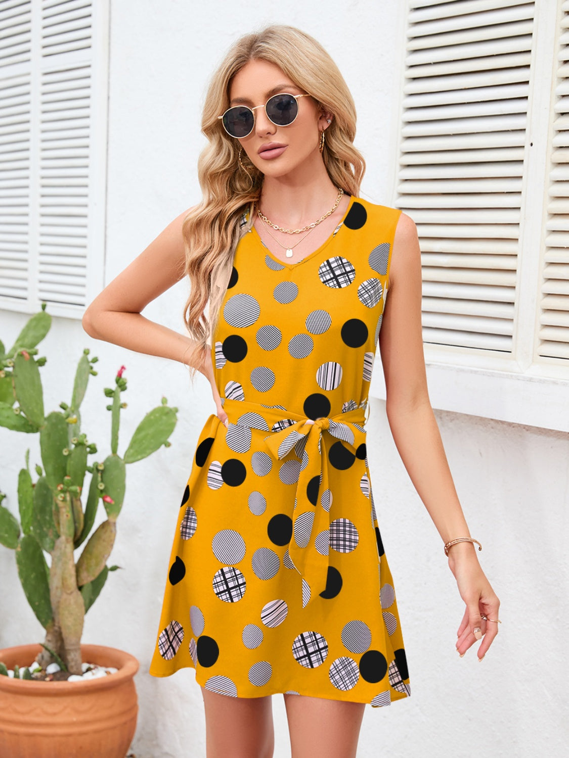 Tied Polka Dot V-Neck Dress