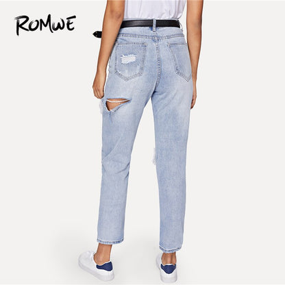 ROMWE Women Cut Out Ripped Jeans, Blue Denim Trousers