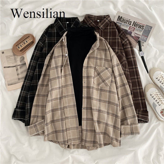 Women Shirt Plaid Female Oversize Blouse