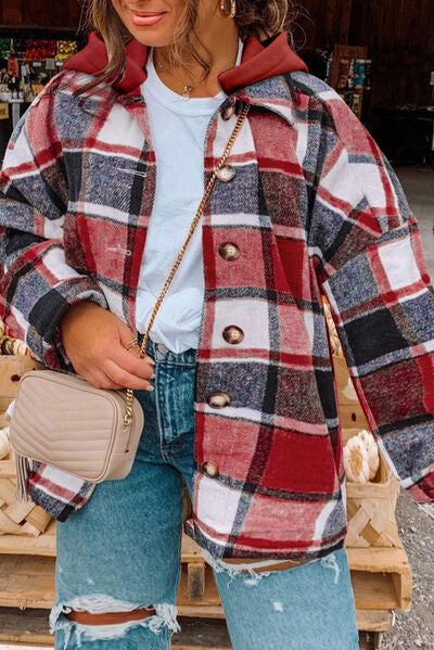 Plaid Plus Size Plaid Button Up Hooded Jacket