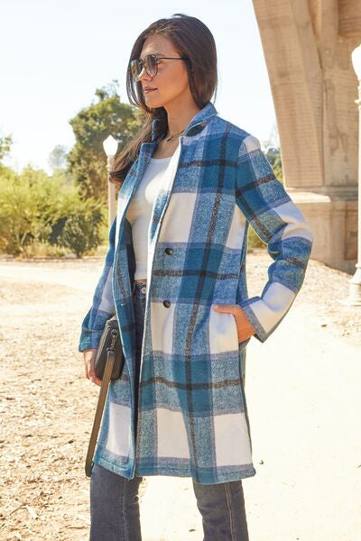 Double Take Plaid Button Up Lapel Collar Coat