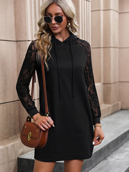 Lace Trim Long Sleeve Hooded Dress - Rochelle's House LLC