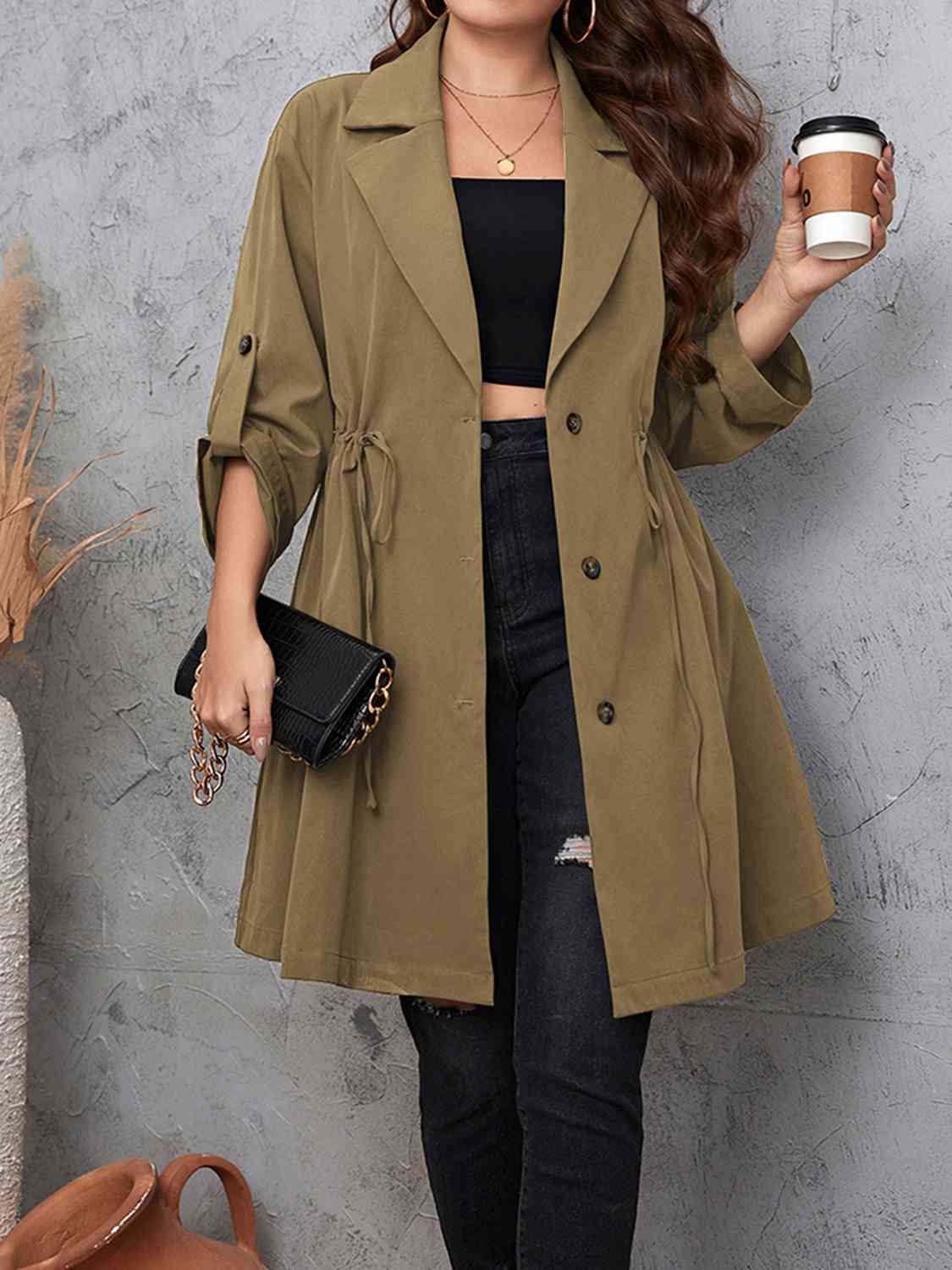 Lapel Collar Drawstring Roll - Tab Sleeve Trench Coat - Rochelle's House LLC