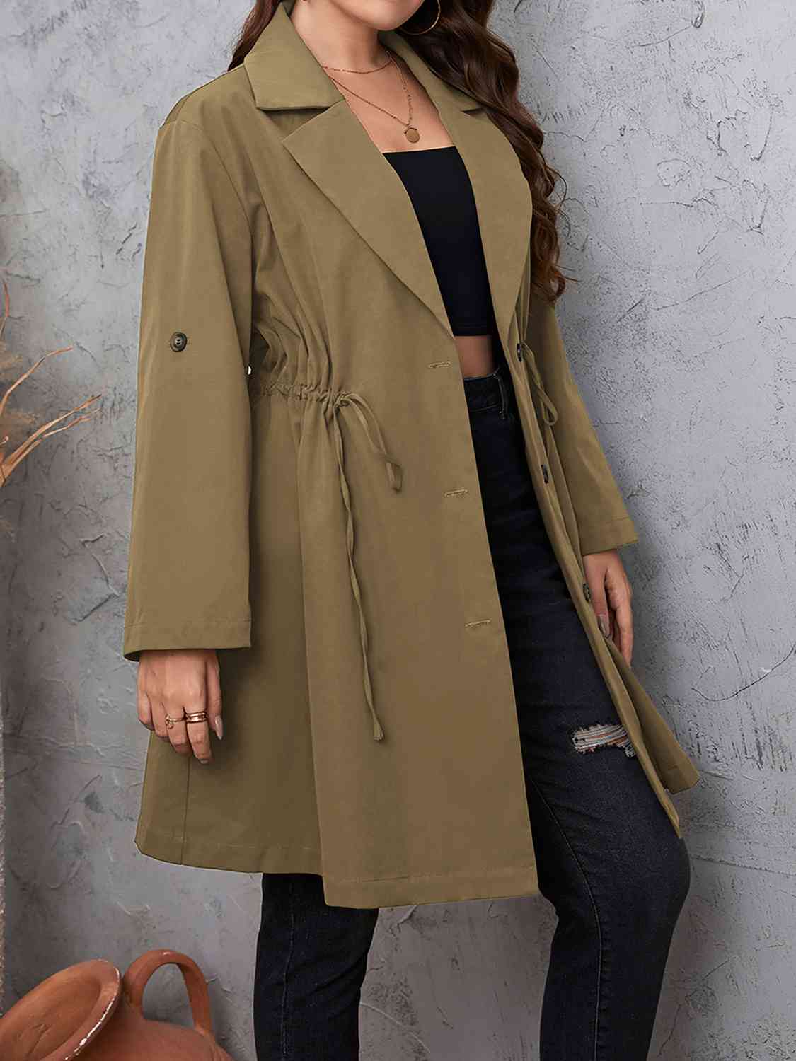 Lapel Collar Drawstring Roll - Tab Sleeve Trench Coat - Rochelle's House LLC