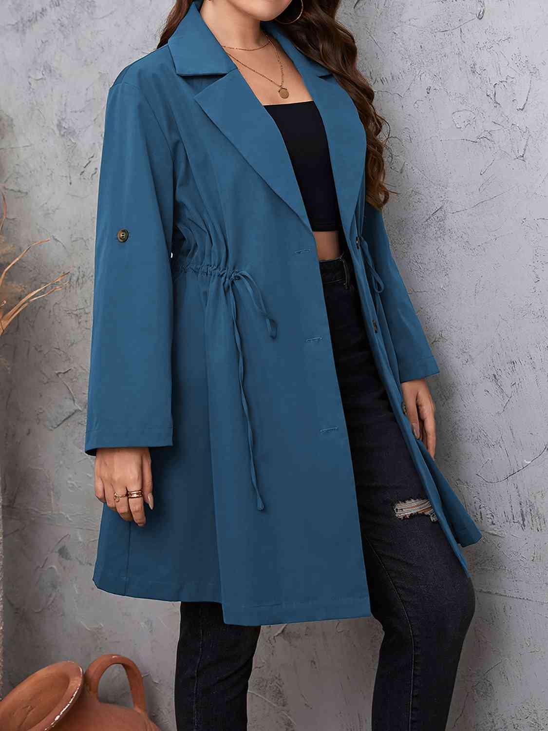Lapel Collar Drawstring Roll - Tab Sleeve Trench Coat - Rochelle's House LLC